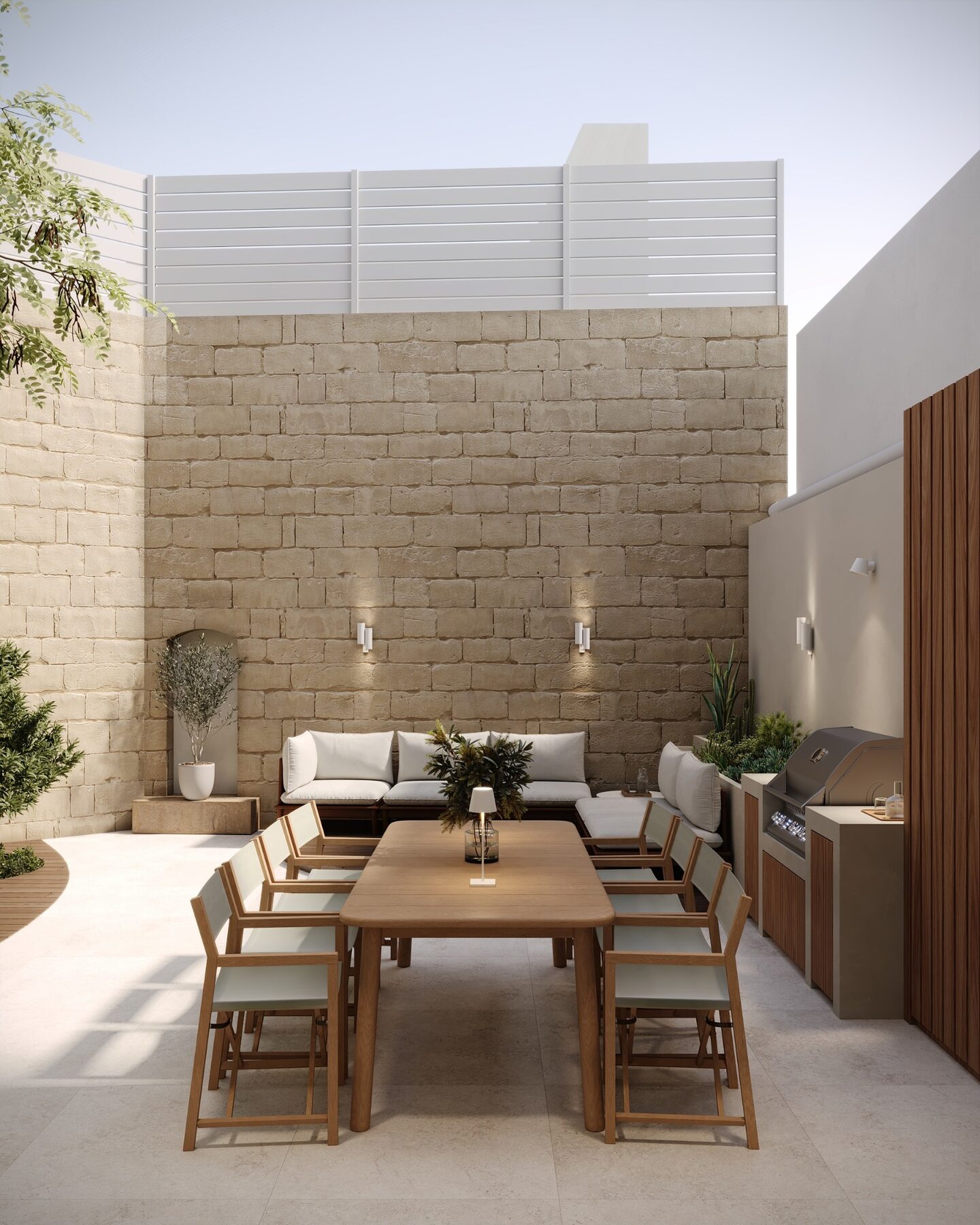 Dining table and outdoor kitchen in the courtyard
