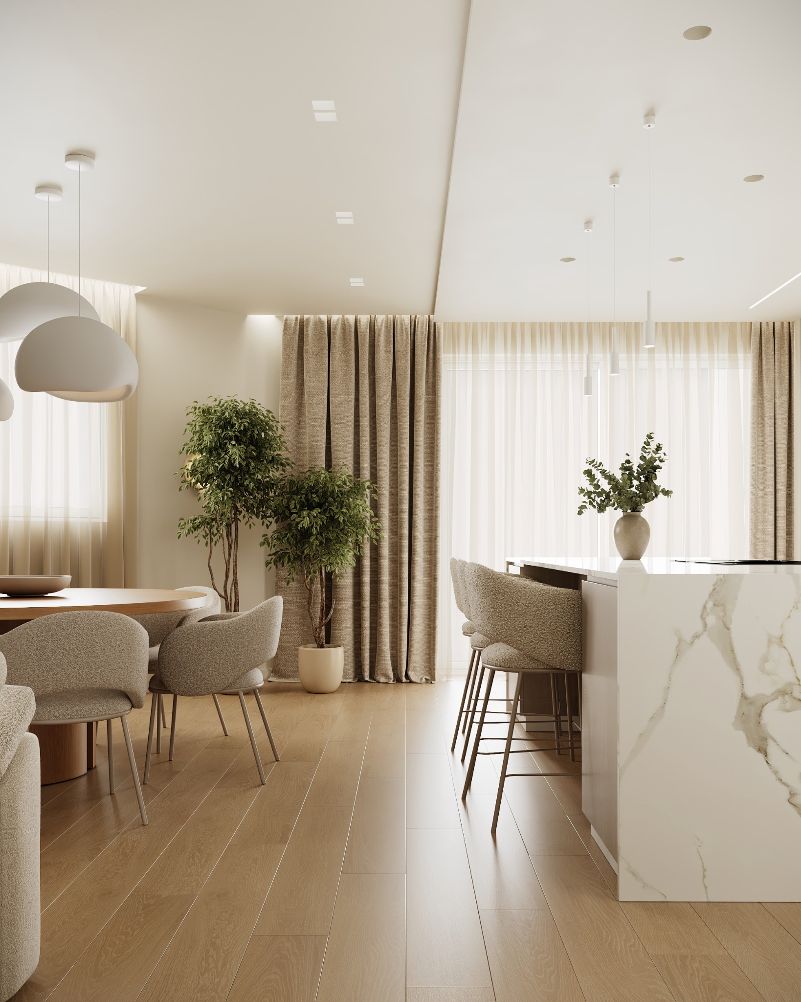 Tailored dining interior with coordinated materials, lighting and joinery