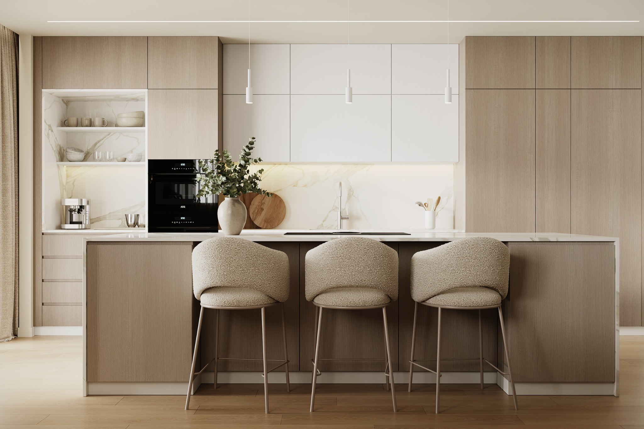 Pale timber kitchen with stone worktop and island seating