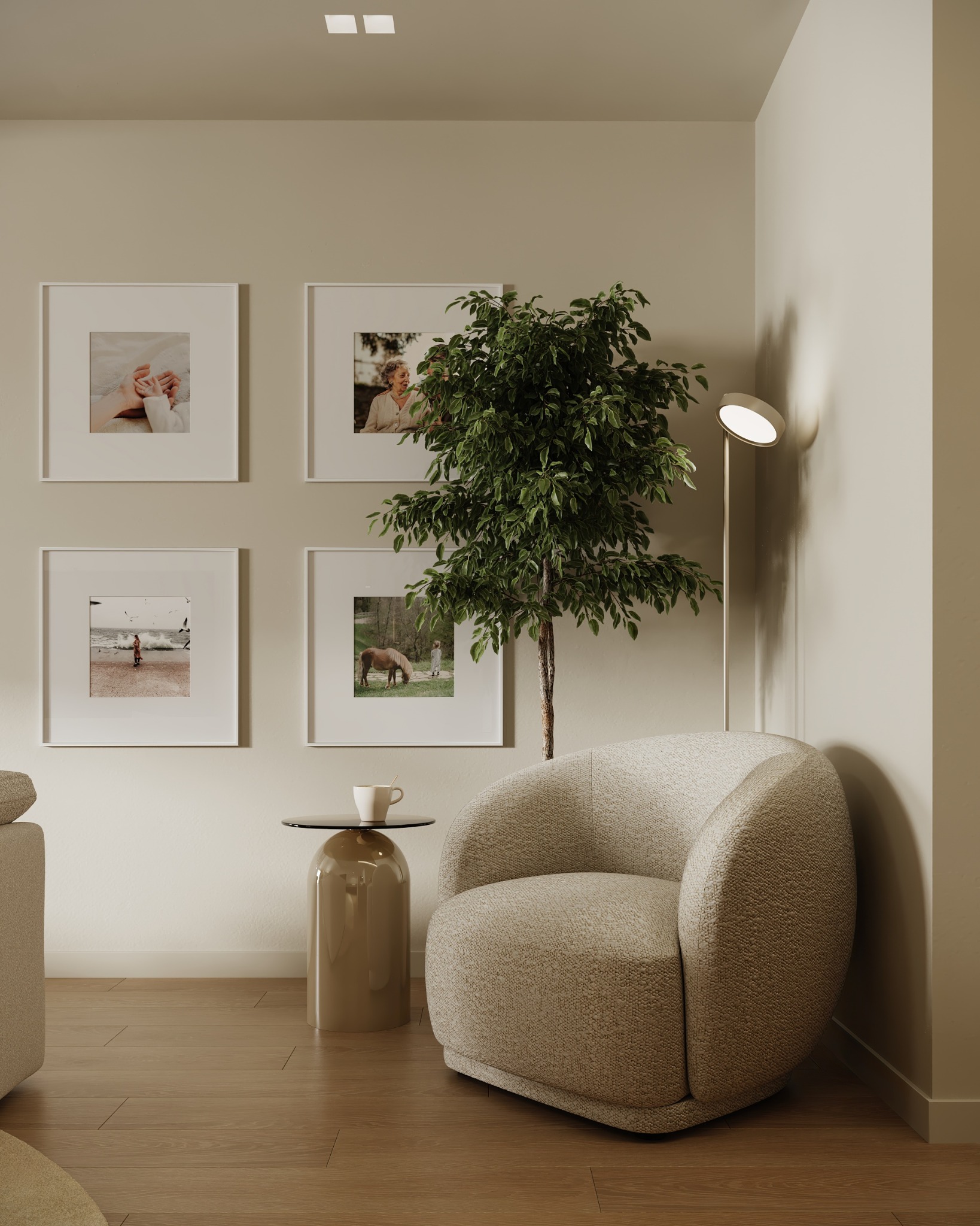 Curved lounge chair, indoor tree and personal gallery wall
